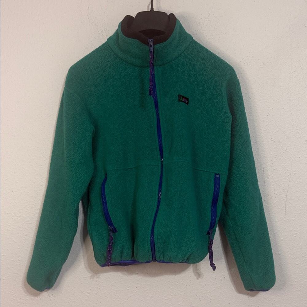 Vintage REI Teal and Purple Yourh Full Zip Fleece Jacket with Blue Trim Size L